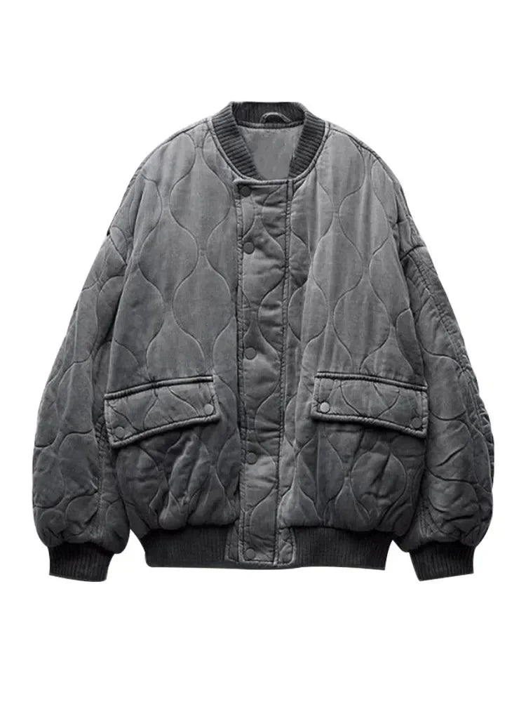 Unisex quilted bomber jacket relaxed fit with zipper and button closure for everyday streetwear