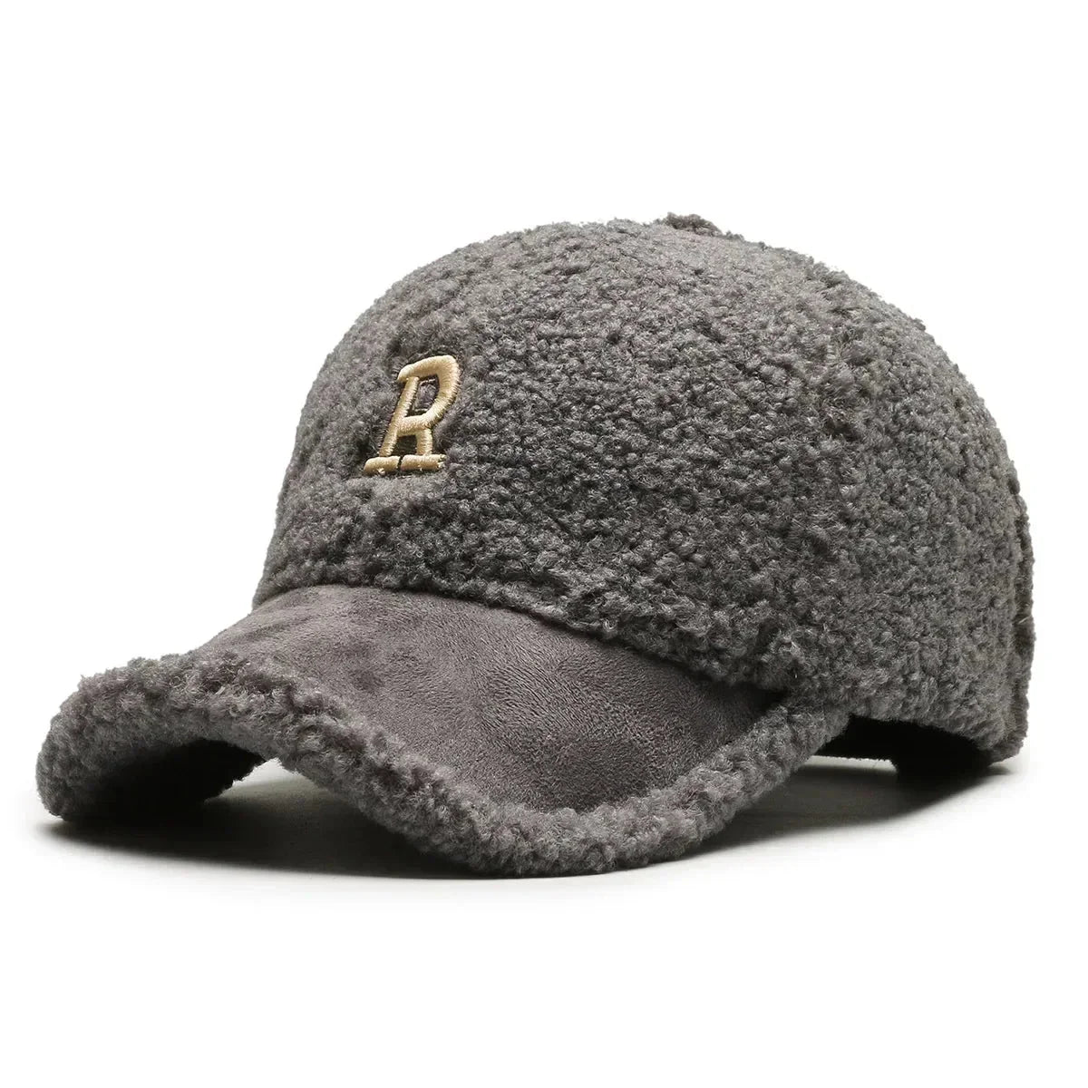 Beige fleece baseball cap with contrasting brim and elegant embroidery, cozy casual unisex style