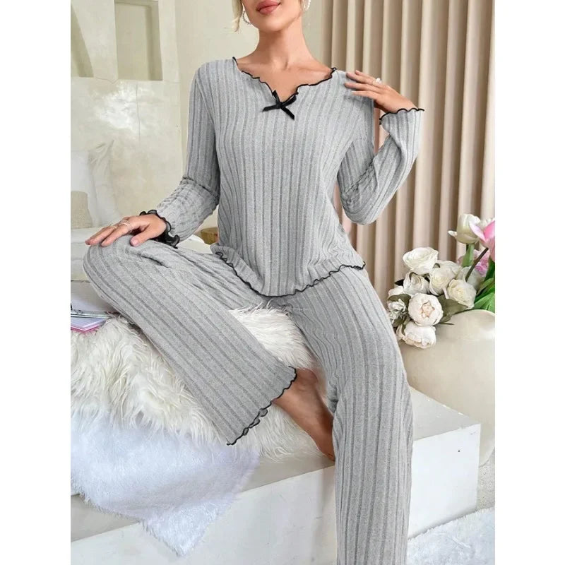 Women's ribbed cotton babydoll pajama set, form-fitting long sleeve nightwear in soft neutral tone