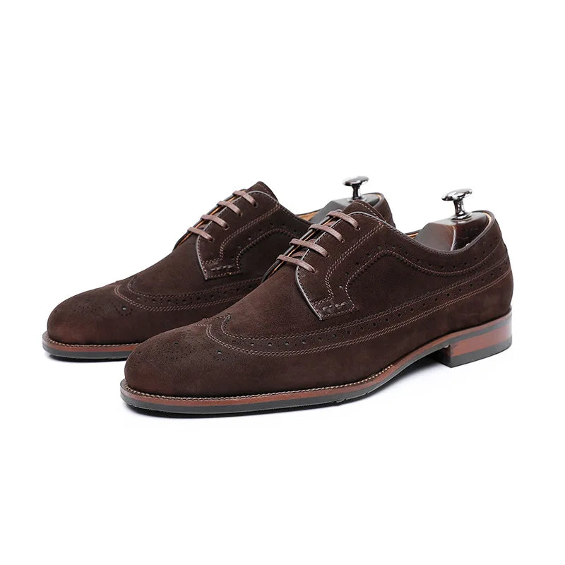 Tan suede wingtip brogues for men with leather laces and cushioned insoles by Urbann Vibe