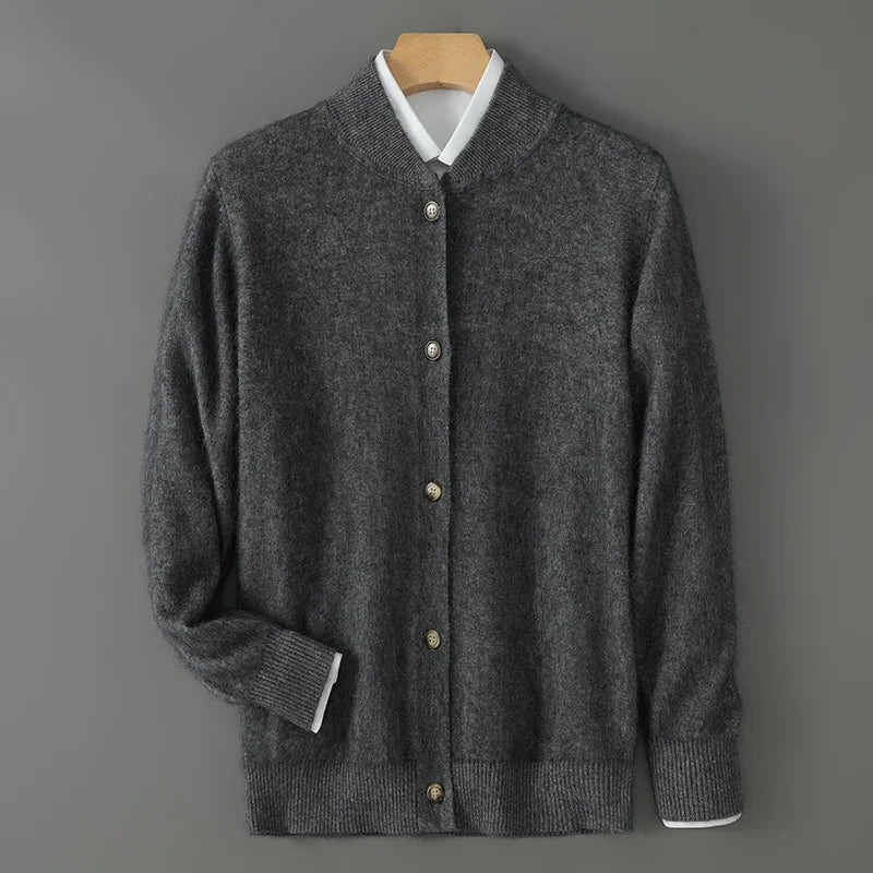 Men's structured front button cardigan in neutral knitwear, versatile casual layer with clean silhouette