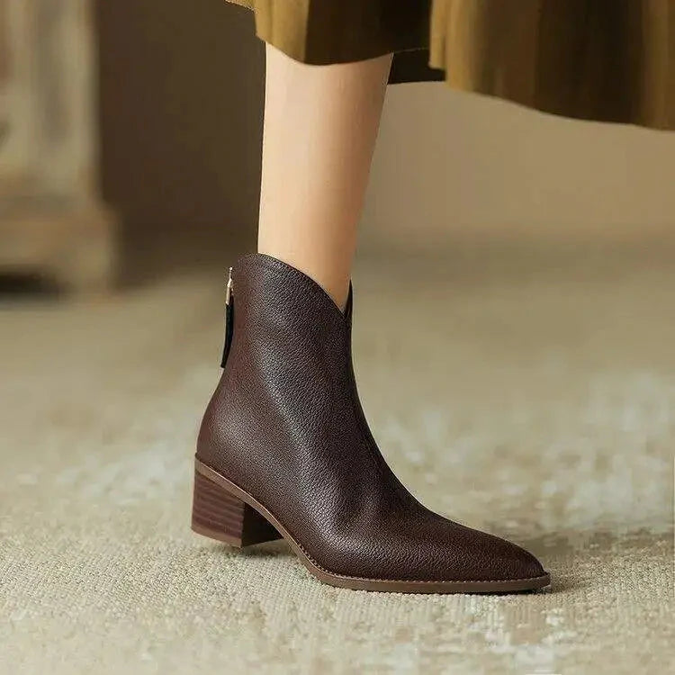 Women's black leather pointed toe ankle boots with stable block heel for all-day elegant comfort