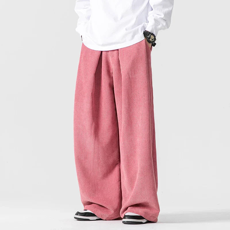 Beige corduroy wide-leg sweatpants unisex oversized 90s retro style with adjustable drawstring