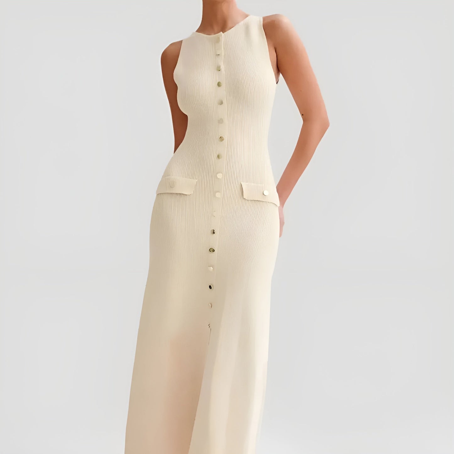 Valentina black full-length A-line knitted dress with figure-skimming waist and graceful flare