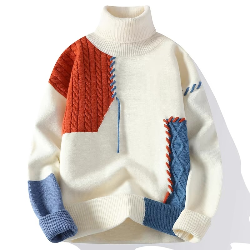 Men's patchwork knit turtleneck sweater casual urban pullover warm autumn winter colorblock texture