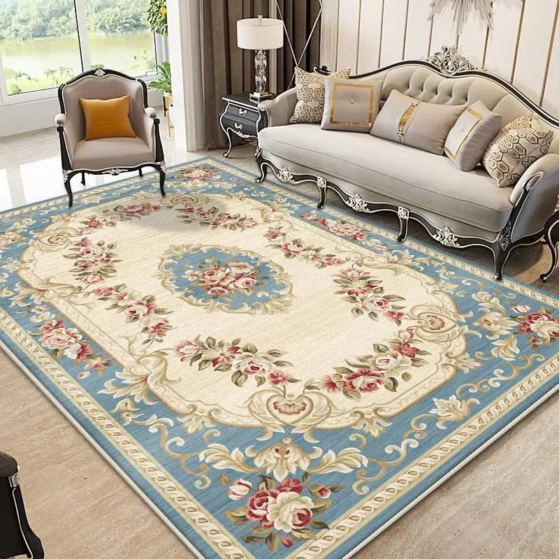 European luxury floral area rug in soft flannel, non-slip large floor mat for living room bedroom