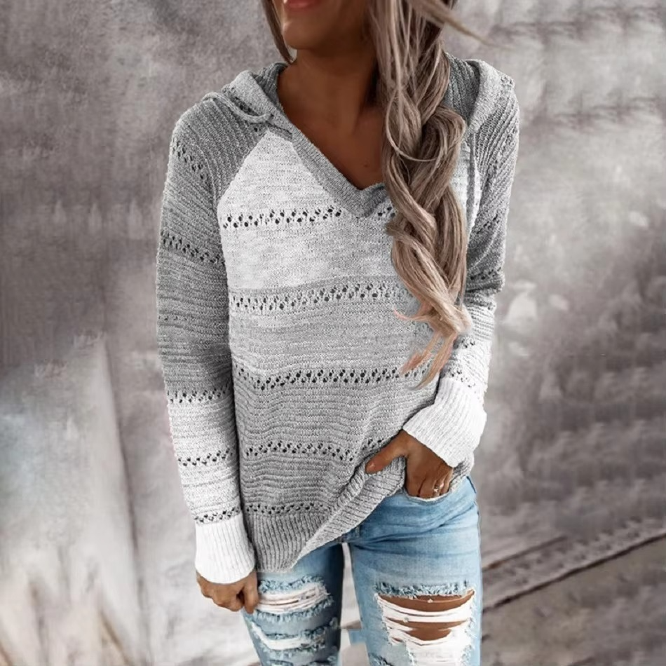Women's cozy patchwork hooded sweater long sleeve striped knit pullover casual warm fit