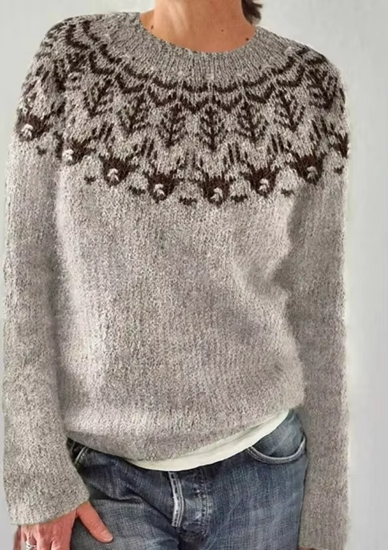 Women's color block knit top loose fit round neck full sleeves casual versatile pullover