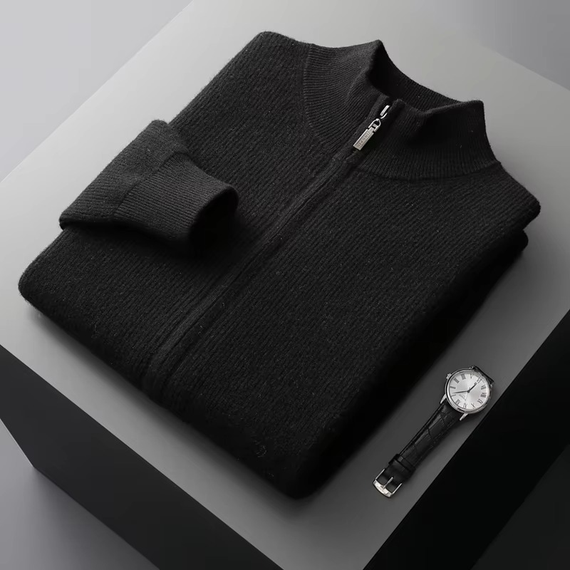 Men's charcoal wool zip-up cardigan stand collar smart casual slim knit warm layer