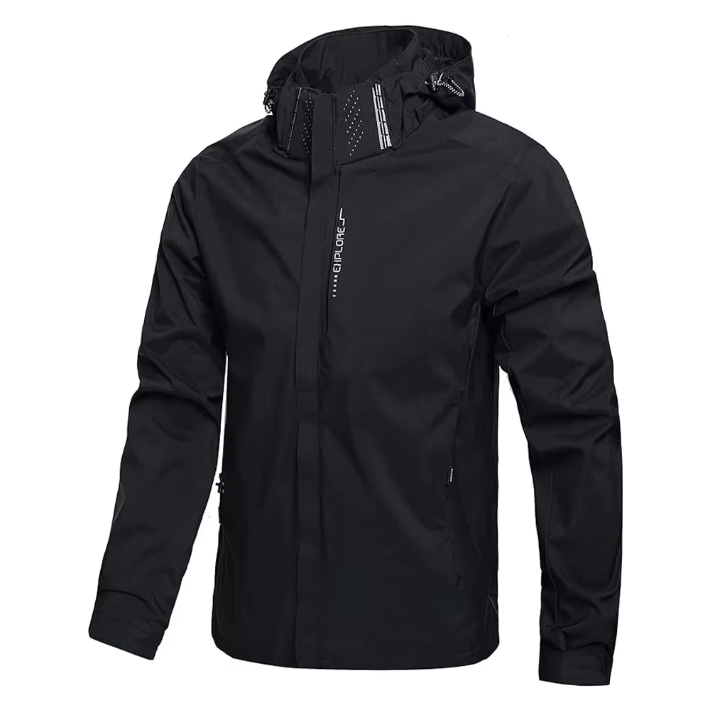 Men's lightweight waterproof hooded rain jacket in neutral tones, packable shell for hiking outdoors