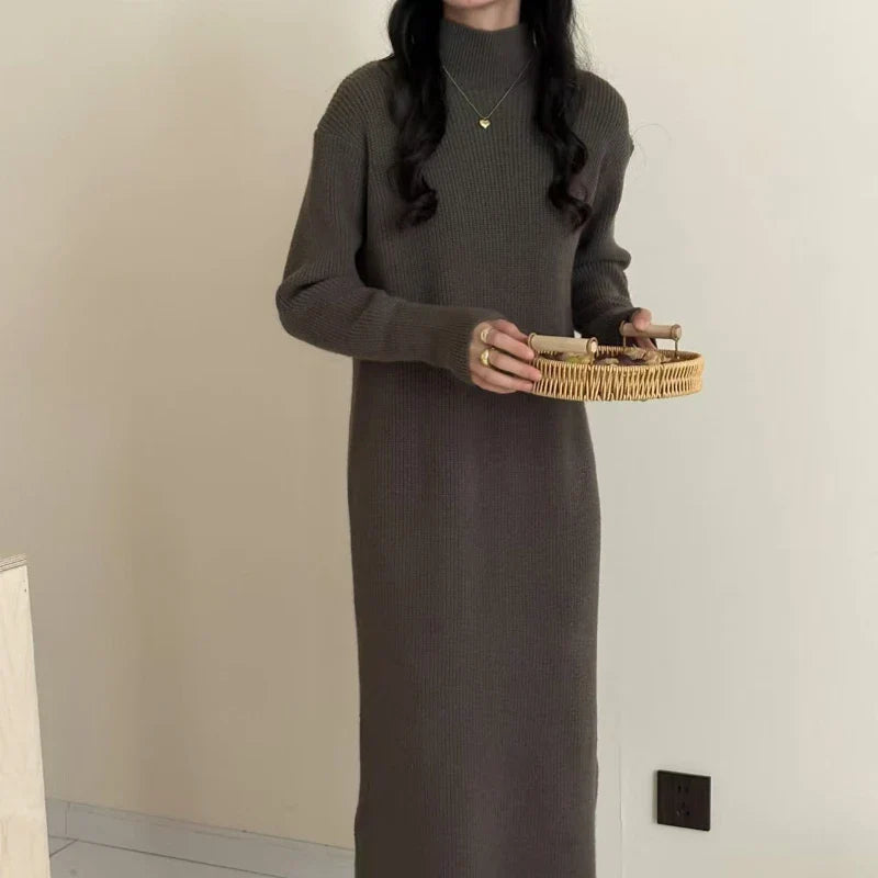 Women's cozy knit midi sweater dress relaxed fit with side slits, warm autumn winter style