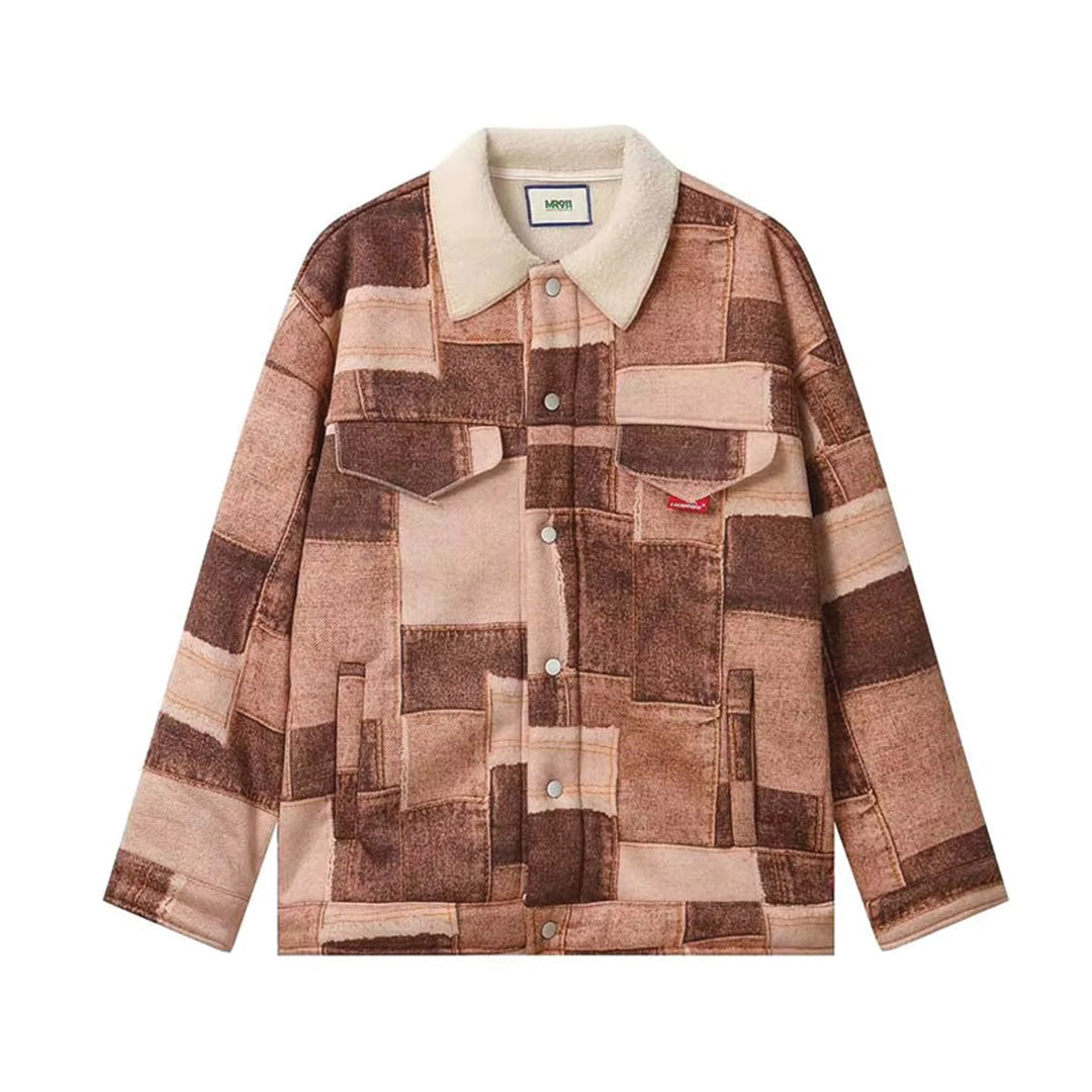 Unisex vintage plaid patchwork cotton jacket relaxed fit turn-down collar casual layering