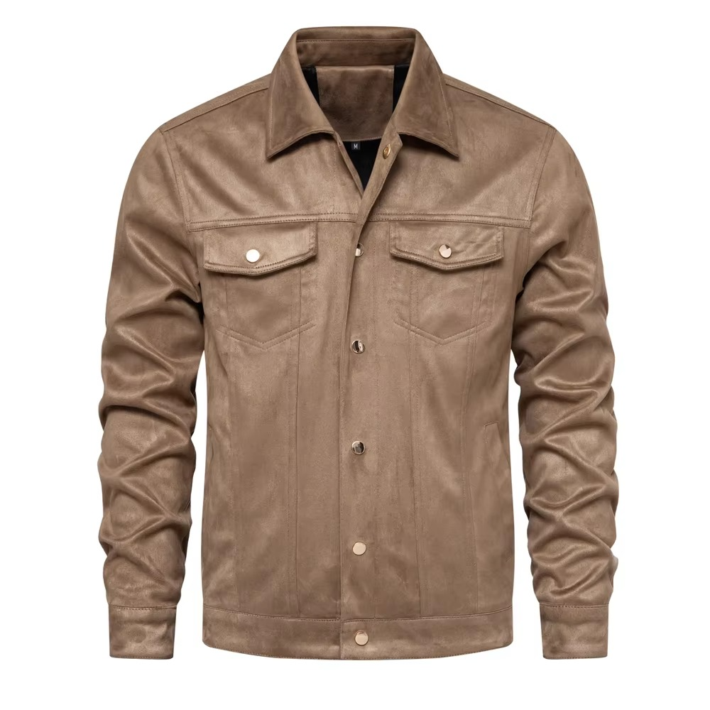 Men's brown suede leather jacket classic turn-down collar button front winter tailored fit