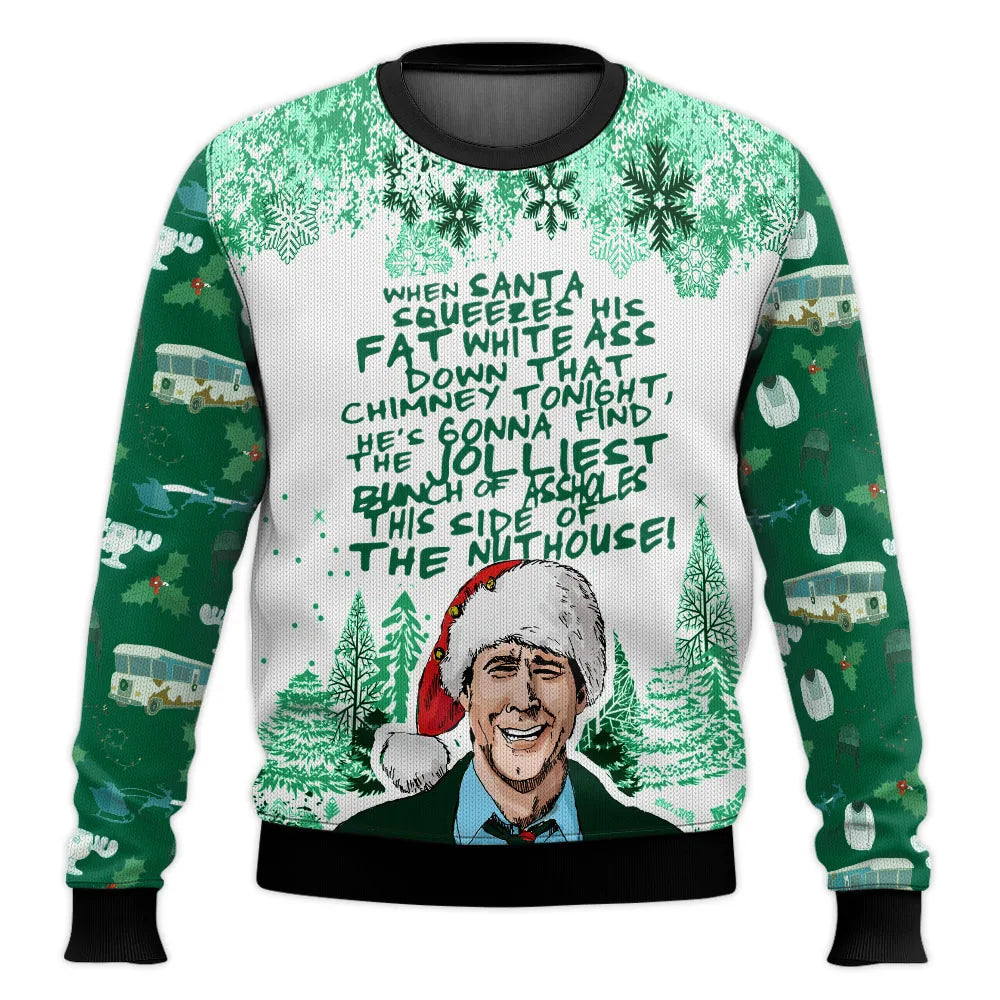 Men's relaxed-fit Christmas sweater with festive ski-themed print, cozy holiday style