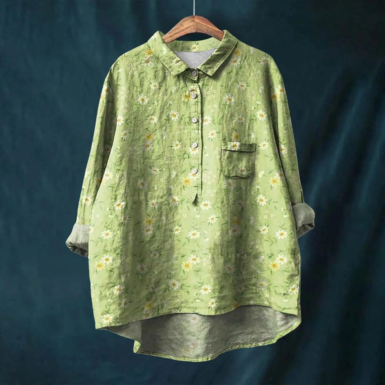 Women's relaxed fit botanical floral print shirt breathable polyester high-low hem all-season
