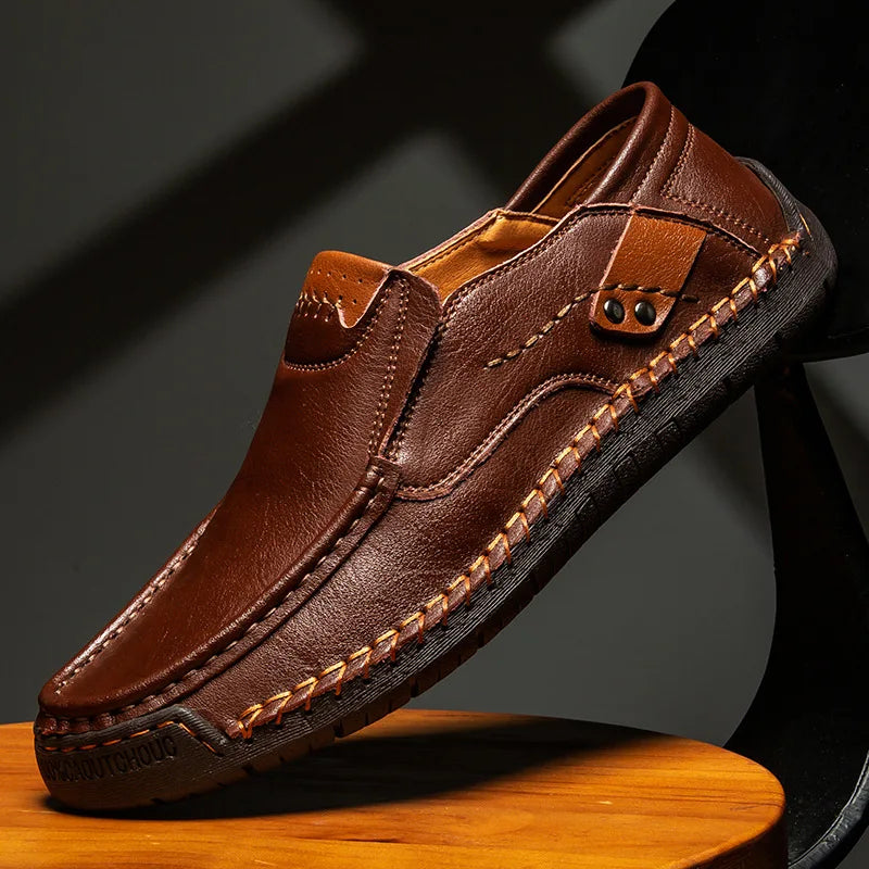 TrendAura men's brown handcrafted leather loafers slip-on style with cushioned insole and flexible outsole