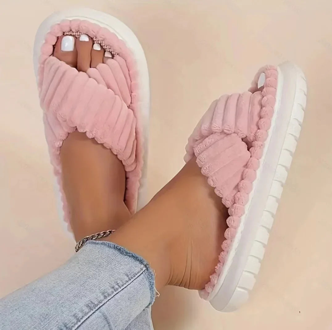Women's beige linen slip-on slippers with sculpted cross-band design and breathable linen footbed