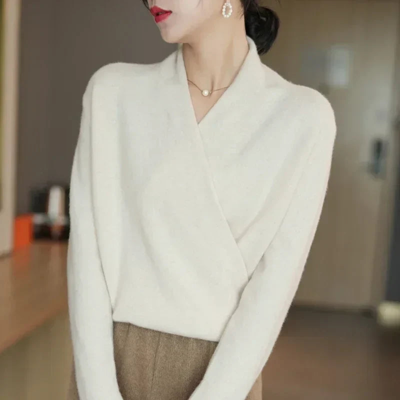 Women's cashmere wrap sweater relaxed fit V-neck crisscross front soft knit luxurious blend