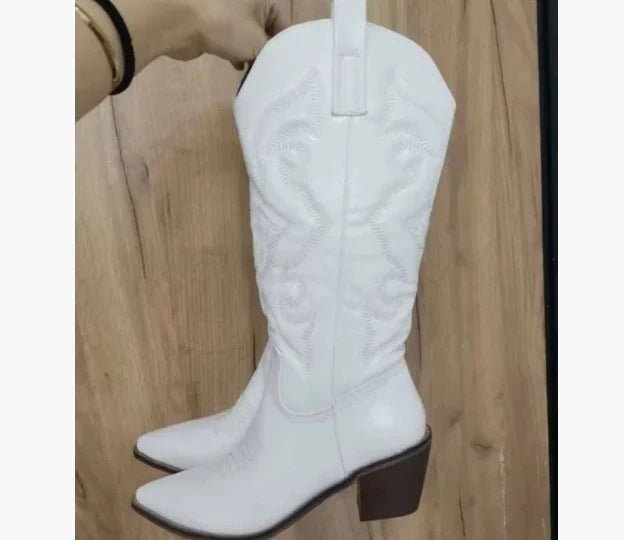 Women's brown leather knee-high heeled boots elegant Western style with smooth premium finish