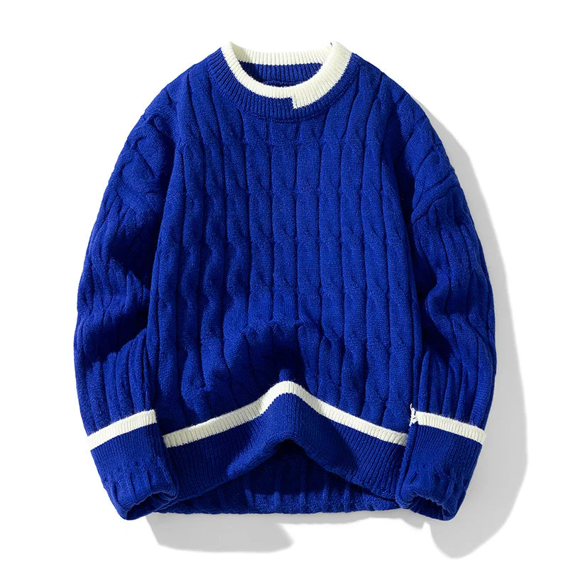 Unisex cable knit patchwork pullover sweater relaxed fit cozy neutral tones layering piece
