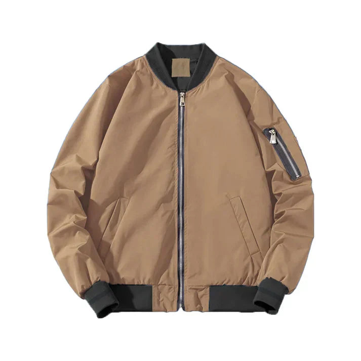 Men's olive green pilot bomber jacket with classic ribbed cuffs and rugged casual silhouette
