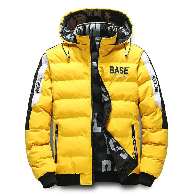 Men's navy blue padded jacket water-resistant shell with bold detailing for cold weather