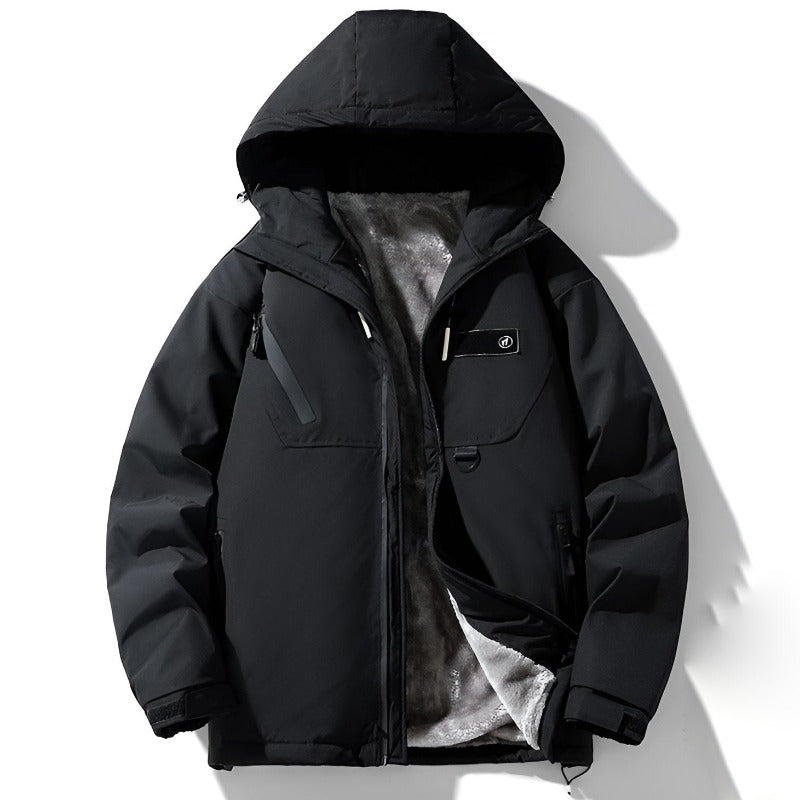 Unisex relaxed fit hooded fleece winter jacket full zip hip length in solid color