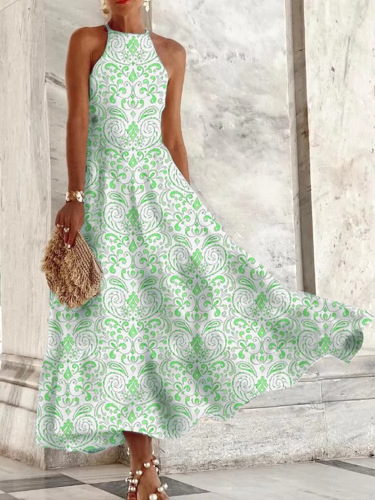 Women's sleeveless halter maxi dress, lightweight elegant silhouette with backless design for summer