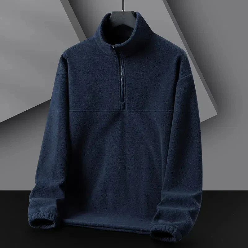 Heather gray half-zip fleece pullover minimalist high collar ultra-soft texture everyday warmth