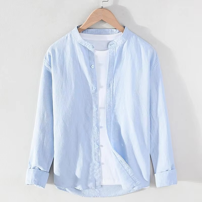 Men's vintage linen stand collar long sleeve shirt breathable button-up in neutral everyday fit