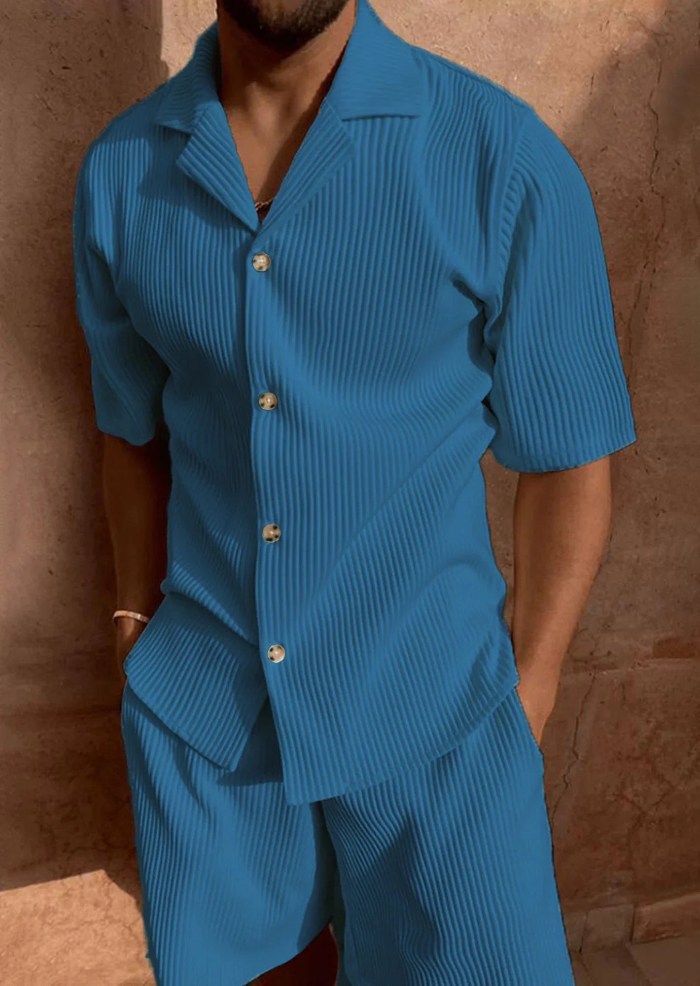 Men's corduroy 2-piece short set with stretchy shorts and short-sleeve shirt for summer beach wear