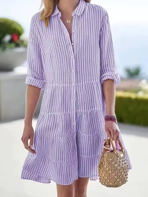 Women's oversized striped shirt dress with turn-down collar and long sleeves, relaxed casual fit