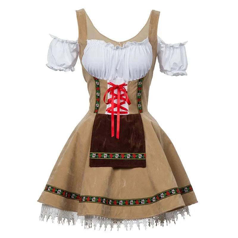 Women's Bavarian dirndl dress with lace-up corset bodice, puffed sleeve blouse, festival-ready ensemble