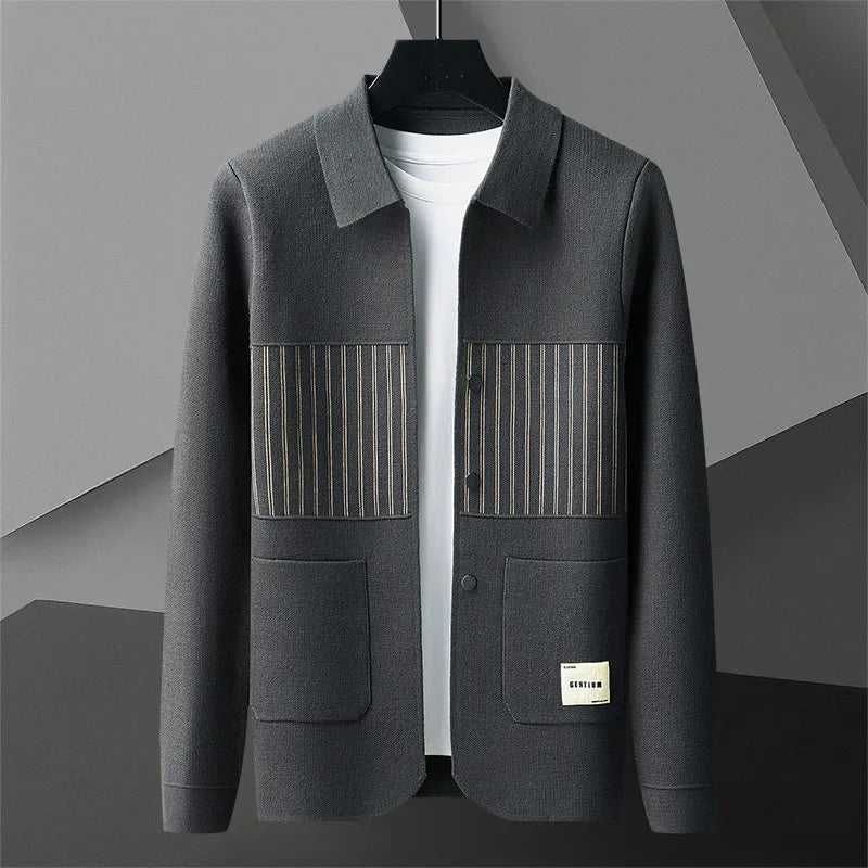 Men's slim fit polo collar cardigan lightweight textured knit smart casual layering top