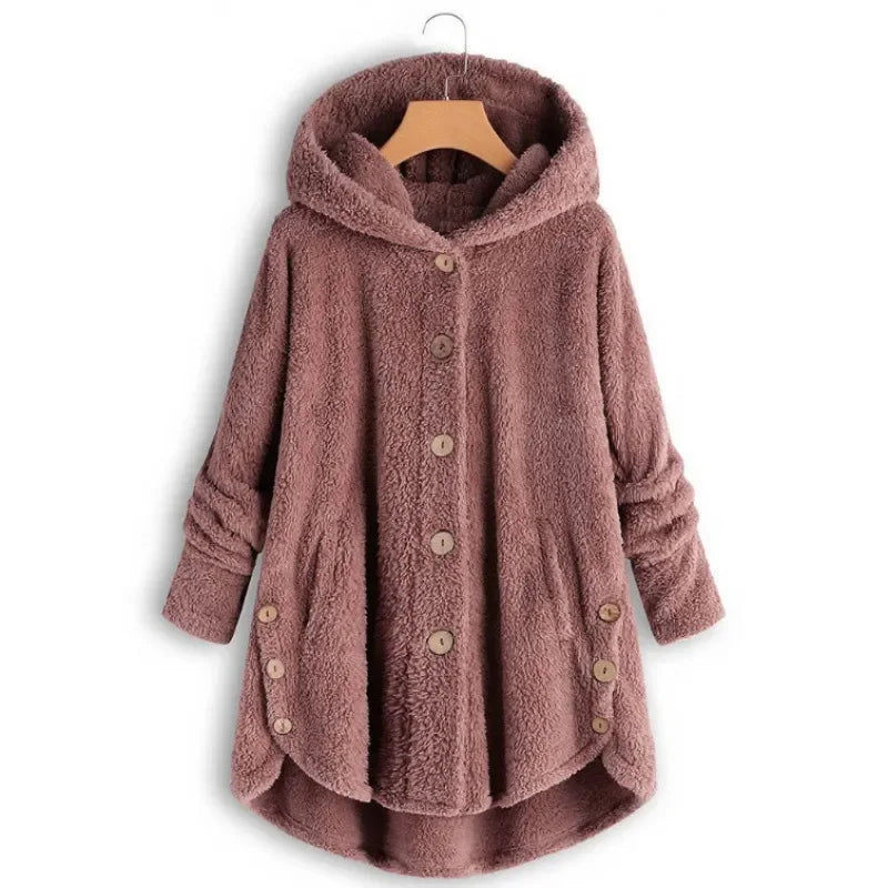 Women's hooded fleece jacket relaxed fit button-front plush texture pockets casual warmth