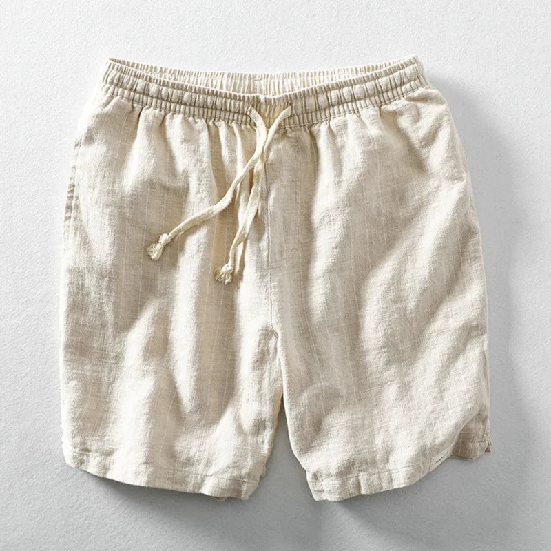 Men's cotton linen pinstripe shorts breathable relaxed fit with adjustable drawstring summer casual
