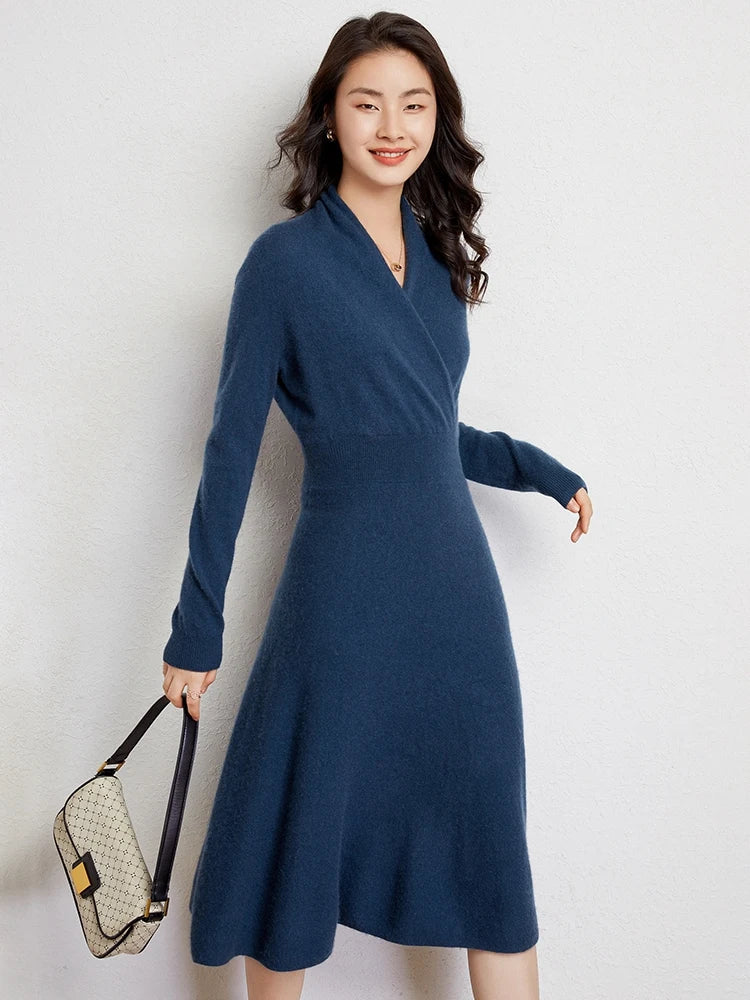 Women's ultrasoft cashmere wrap dress in V-neck silhouette with figure-defining waist and draped fit