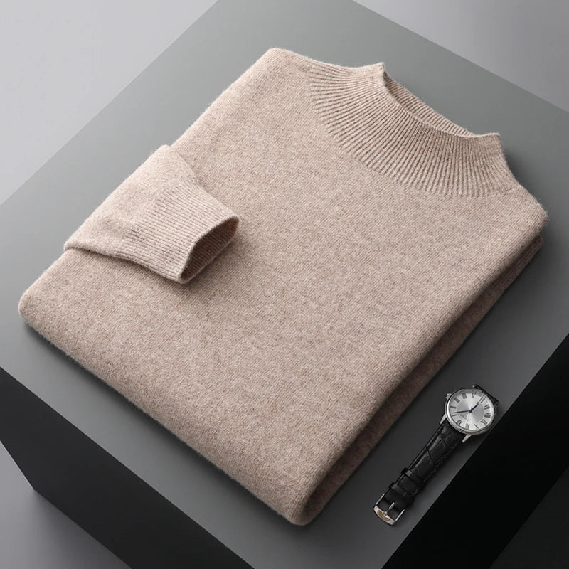 Men's wool knit sweatshirt regular fit semi-turtleneck ribbed cuffs winter style