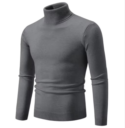Men's slim fit turtleneck sweater in thick knit acrylic blend, warm winter essential with ribbed collar