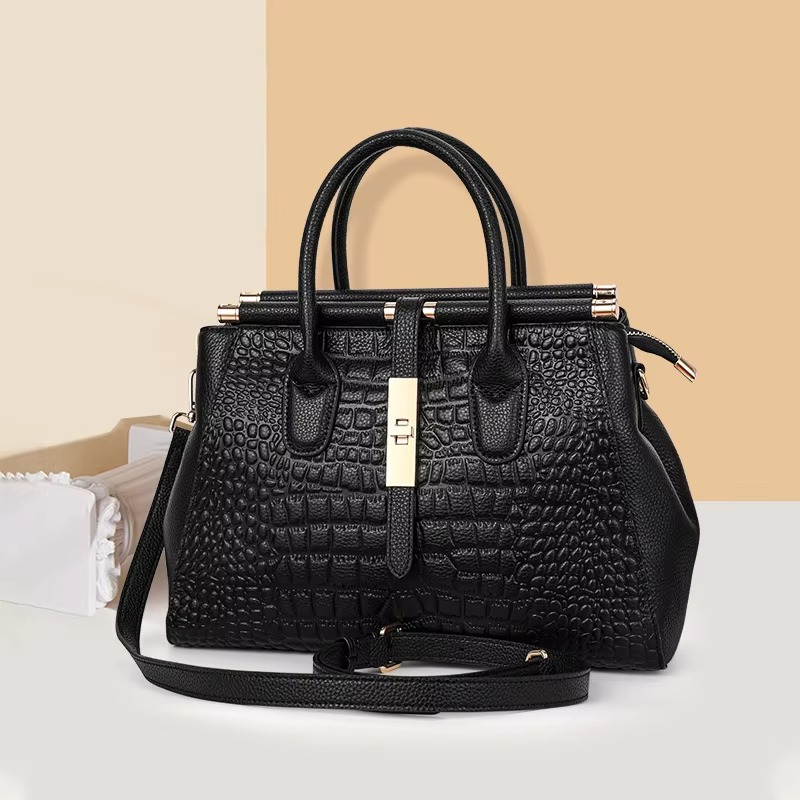 Genuine Leather Women's Crocodile Pattern Tote Bag, Large Capacity, Black - Urbann-Vibe