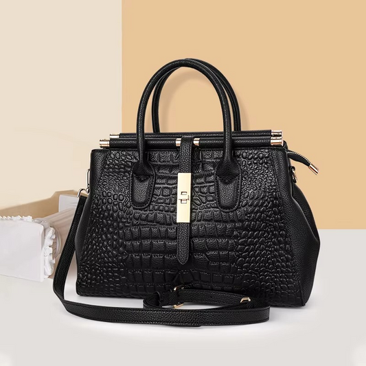 Genuine Leather Women's Crocodile Pattern Tote Bag, Large Capacity, Black - Urbann-Vibe