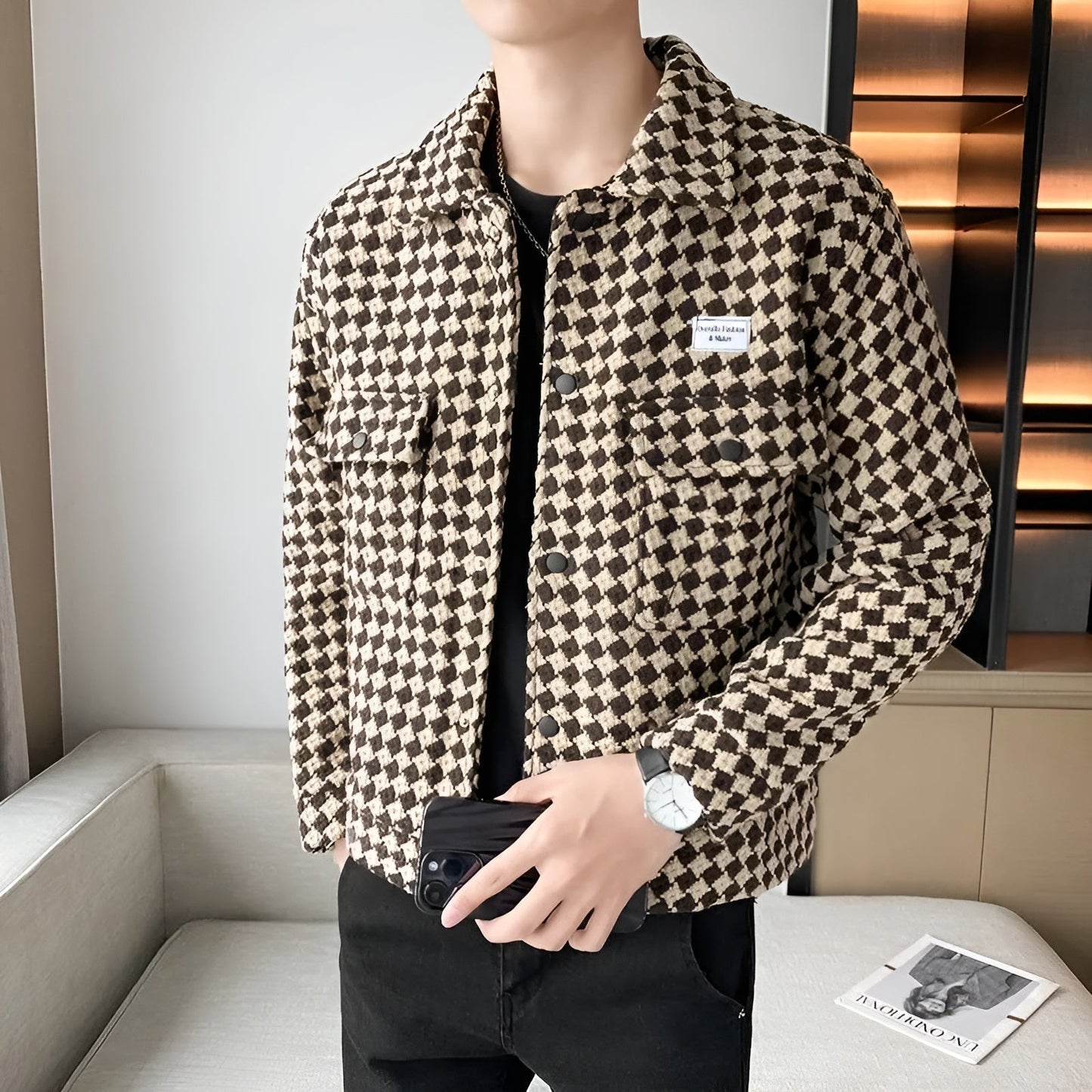 Giovanni Russo slim fit tweed trucker jacket for men with woven texture and tailored waist