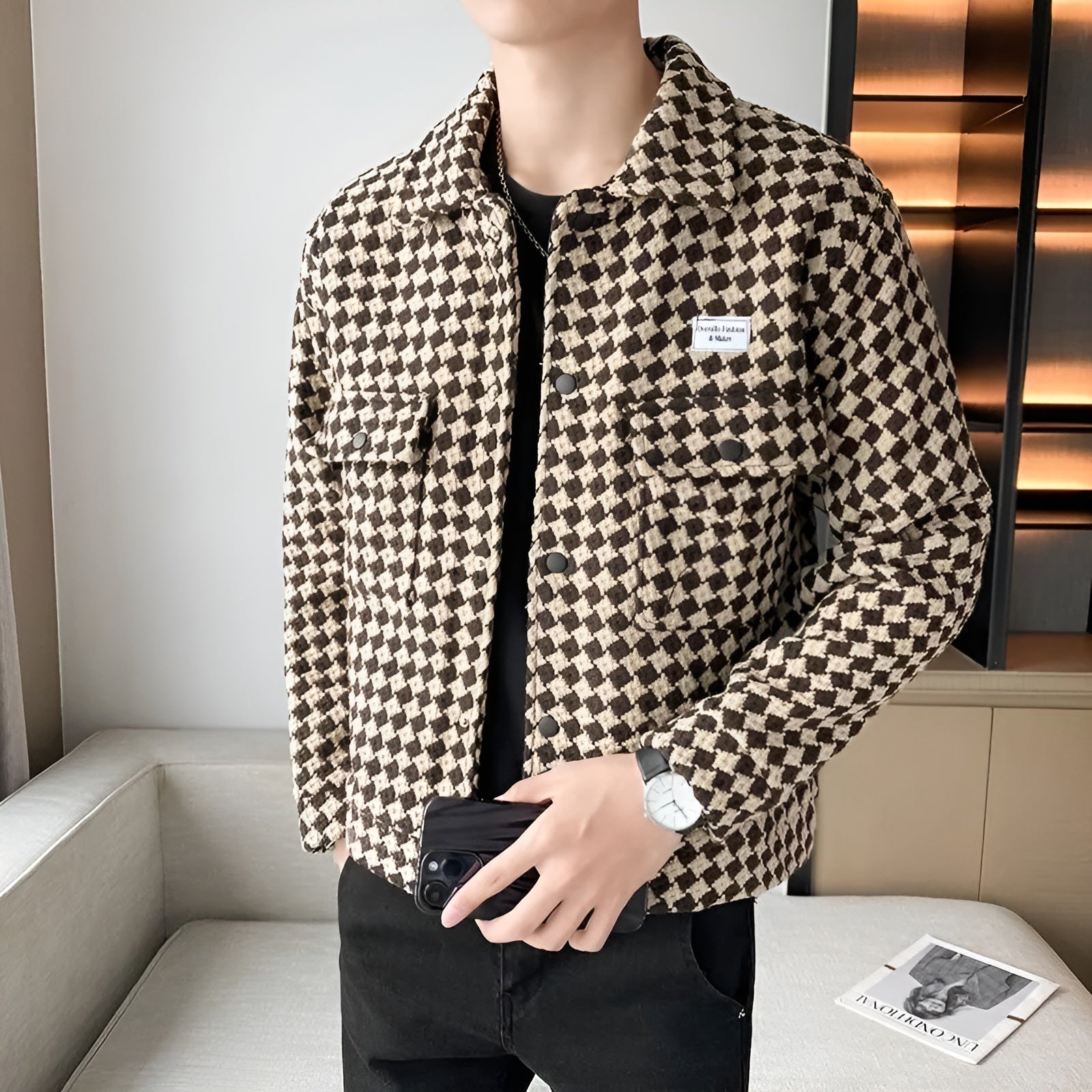 Giovanni Russo slim fit tweed trucker jacket for men with woven texture and tailored waist