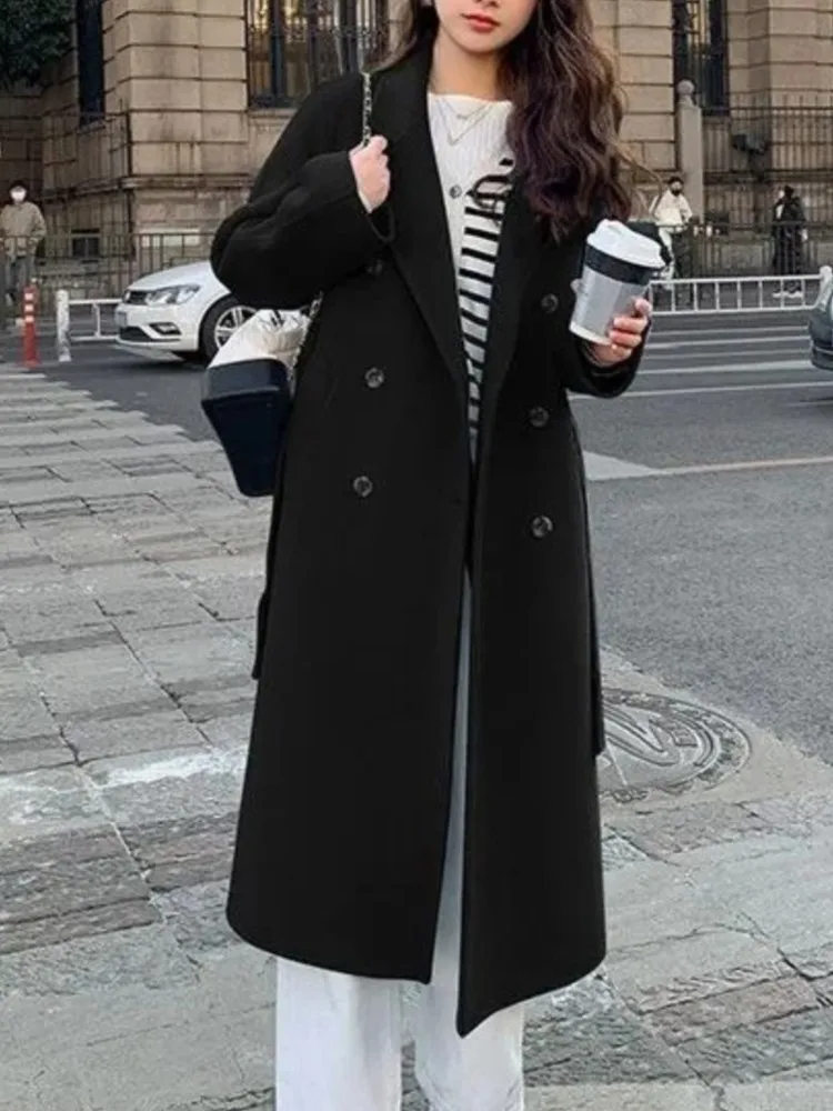 Women's oversized double-breasted belted long wool-look coat in timeless elegant silhouette