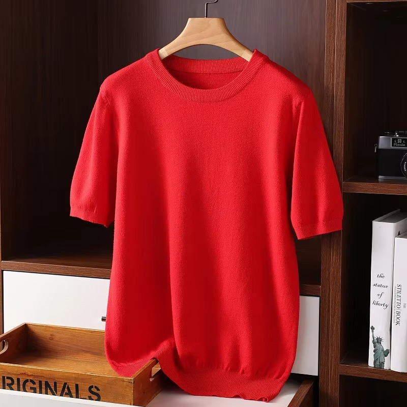 Men's ivory cashmere short sleeve O-neck sweater, lightweight fine-knit luxury pullover with clean minimalist cut