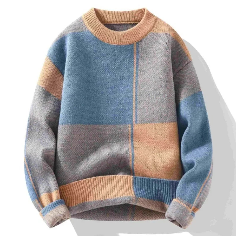 Women's colorblock patch knit sweater geometric pattern cozy relaxed fit transitional layering