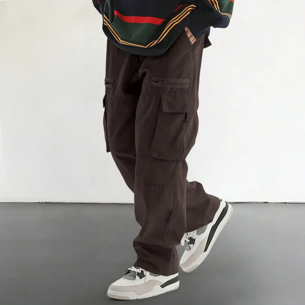 Men's olive cargo pants relaxed fit with spacious flap pockets and adjustable drawstring waist