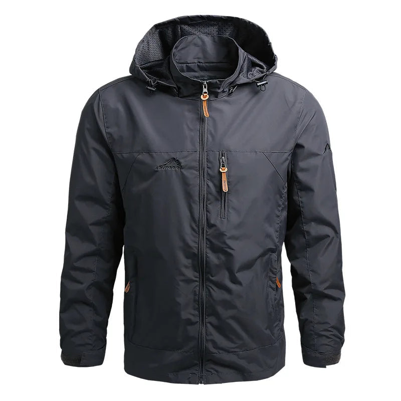 Men's hooded rain jacket breathable water-repellent softshell in neutral tone for outdoor adventures