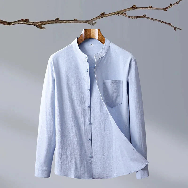 Men's relaxed fit linen band collar shirt, breathable casual style with modern laid-back silhouette