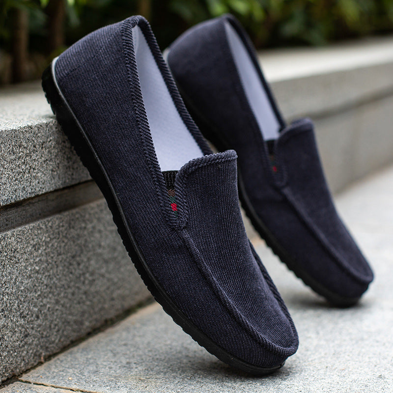 Men's corduroy loafers with non-slip sole, textured fabric, comfortable slip-on style for office and casual